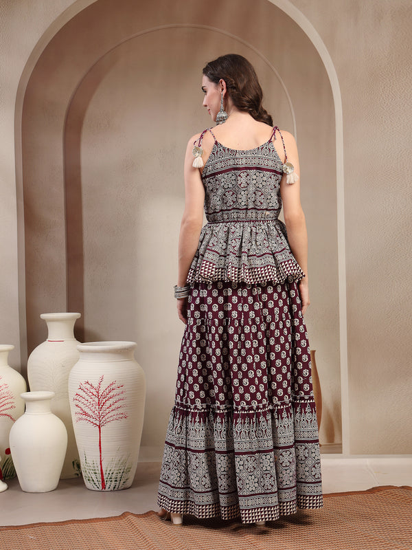 Stylum Women's Purple Ethnic Printed Rayon Short Peplum Top With Skirt (STPURPLEMONACO)