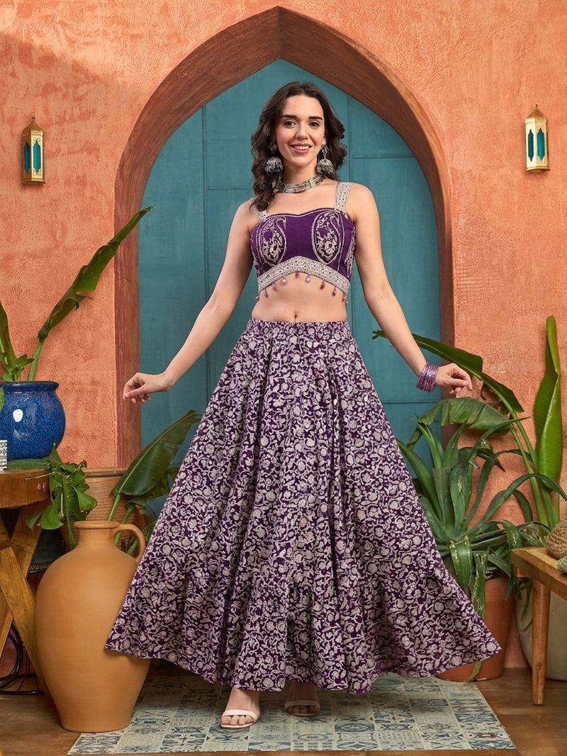 Stylum Women's Purple Ethnic Printed Cotton Ethnic Top With Skirt (STPURPLESARAS)