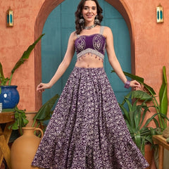 Stylum Women's Purple Ethnic Printed Cotton Ethnic Top With Skirt (STPURPLESARAS)