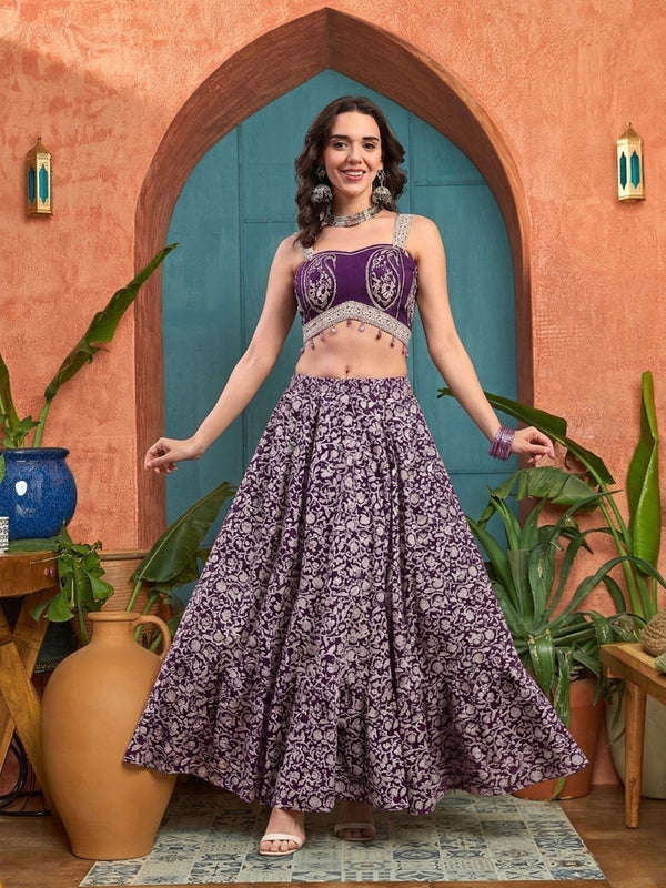 Stylum Women's Purple Ethnic Printed Cotton Ethnic Top With Skirt (STPURPLESARAS)