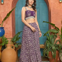 Stylum Women's Purple Ethnic Printed Cotton Ethnic Top With Skirt (STPURPLESARAS)