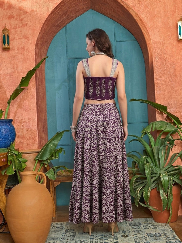 Stylum Women's Purple Ethnic Printed Cotton Ethnic Top With Skirt (STPURPLESARAS)