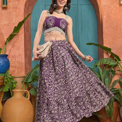 Stylum Women's Purple Ethnic Printed Cotton Ethnic Top With Skirt (STPURPLESARAS)
