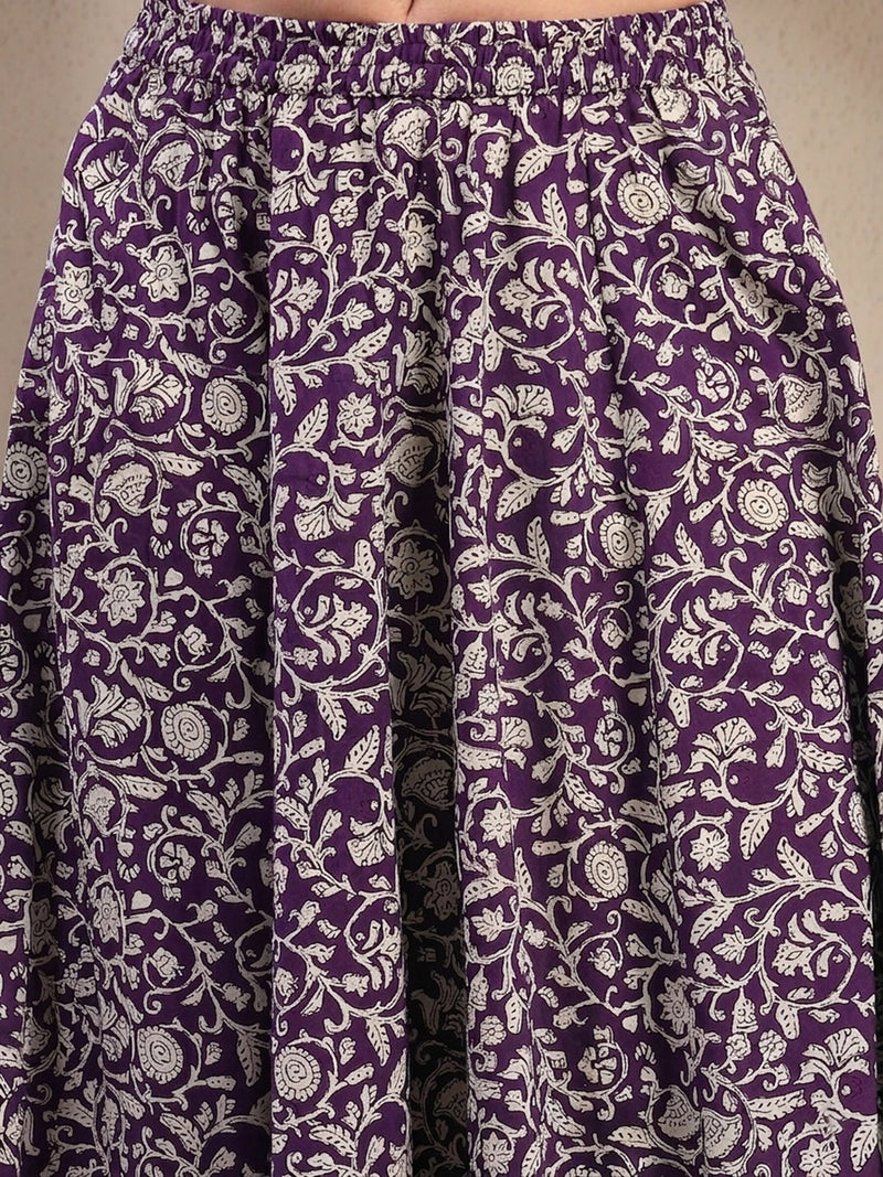 Stylum Women's Purple Ethnic Printed Cotton Ethnic Top With Skirt (STPURPLESARAS)
