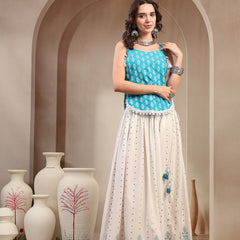 Stylum Women's Sky Blue Ethnic Printed Rayon Short Peplum Top With Skirt (STSKYFANTASY)