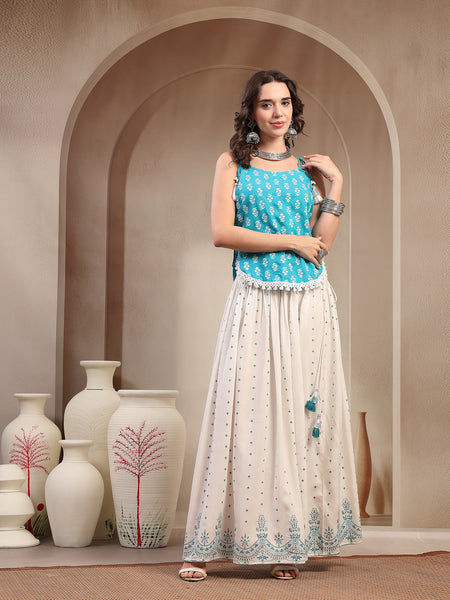 Stylum Women's Sky Blue Ethnic Printed Rayon Short Peplum Top With Skirt (STSKYFANTASY)