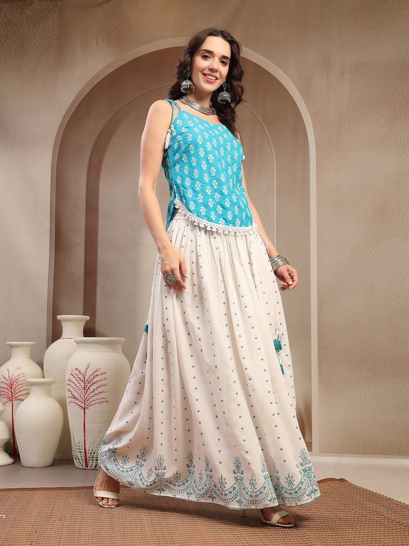 Stylum Women's Sky Blue Ethnic Printed Rayon Short Peplum Top With Skirt (STSKYFANTASY)