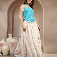 Stylum Women's Sky Blue Ethnic Printed Rayon Short Peplum Top With Skirt (STSKYFANTASY)