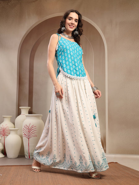 Stylum Women's Sky Blue Ethnic Printed Rayon Short Peplum Top With Skirt (STSKYFANTASY)