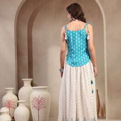 Stylum Women's Sky Blue Ethnic Printed Rayon Short Peplum Top With Skirt (STSKYFANTASY)