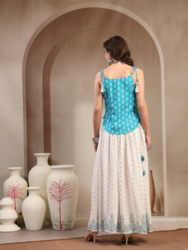 Stylum Women's Sky Blue Ethnic Printed Rayon Short Peplum Top With Skirt (STSKYFANTASY)