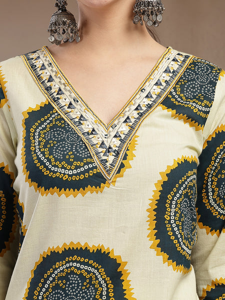 Stylum Women's Teal Bandhej Printed Cotton Straight Kurta (TEALCHEF)