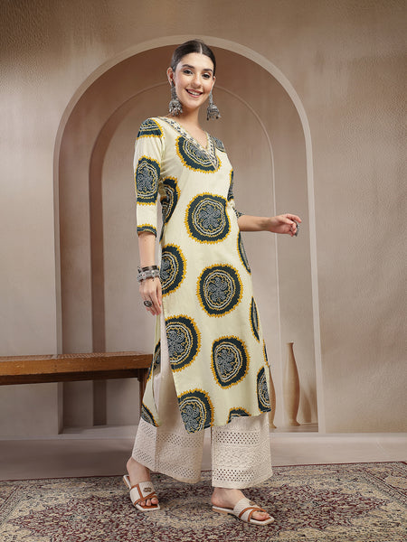 Stylum Women's Teal Bandhej Printed Cotton Straight Kurta (TEALCHEF)