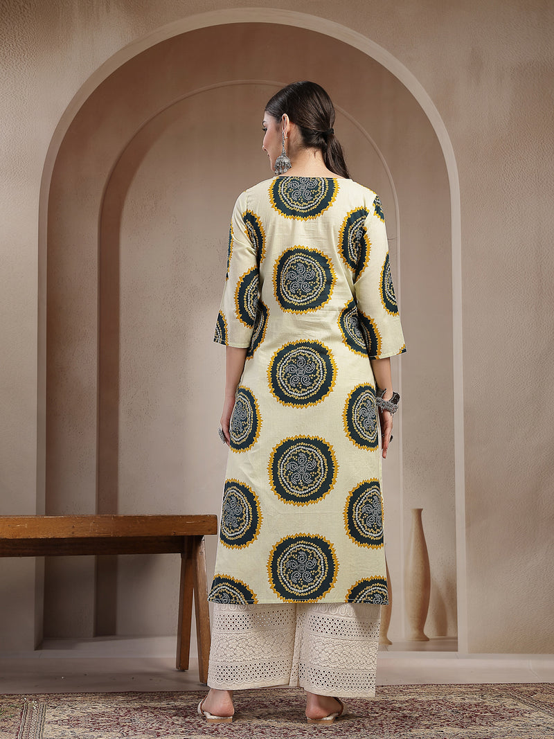 Stylum Women's Teal Bandhej Printed Cotton Straight Kurta (TEALCHEF)