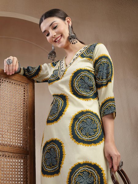 Stylum Women's Teal Bandhej Printed Cotton Straight Kurta (TEALCHEF)