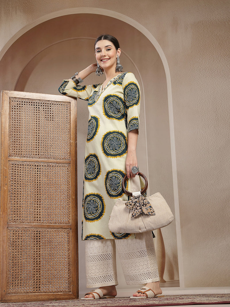 Stylum Women's Teal Bandhej Printed Cotton Straight Kurta (TEALCHEF)