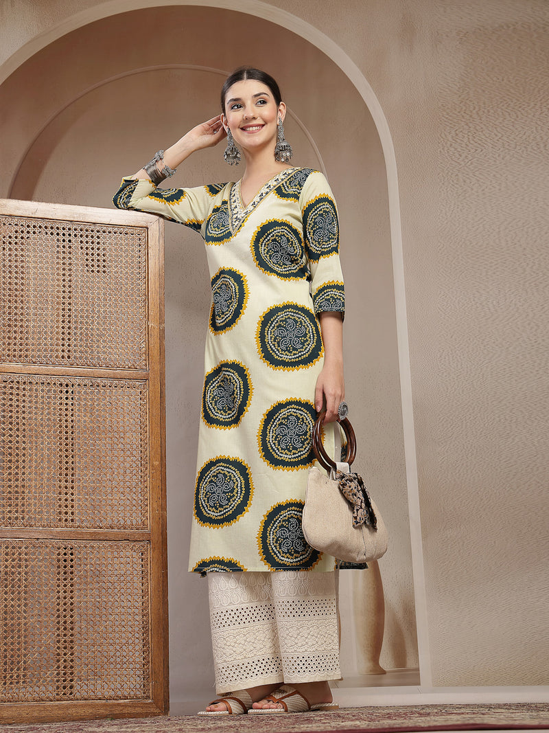 Stylum Women's Teal Bandhej Printed Cotton Straight Kurta (TEALCHEF)