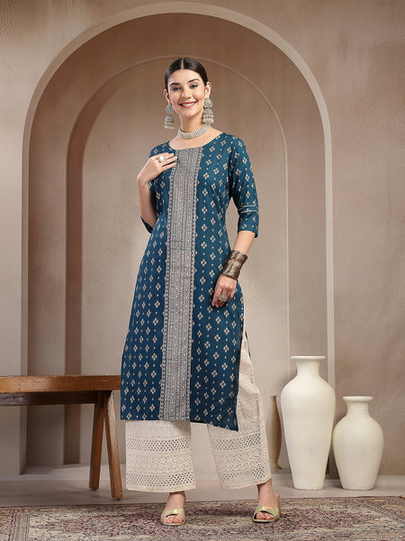 Stylum Women's Teal Solid Embroidered Rayon Straight Kurta (TEALKIMCHI)