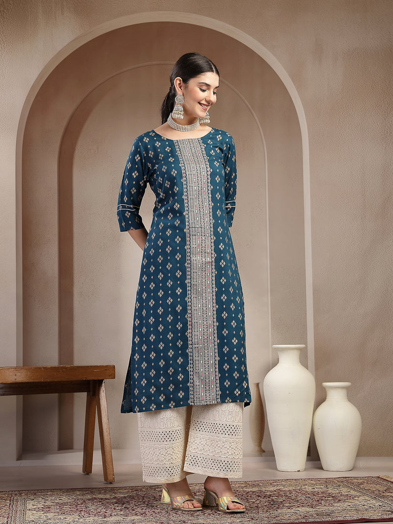 Stylum Women's Teal Solid Embroidered Rayon Straight Kurta (TEALKIMCHI)