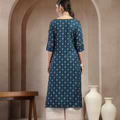 Stylum Women's Teal Solid Embroidered Rayon Straight Kurta (TEALKIMCHI)