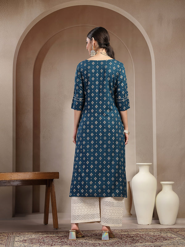 Stylum Women's Teal Solid Embroidered Rayon Straight Kurta (TEALKIMCHI)