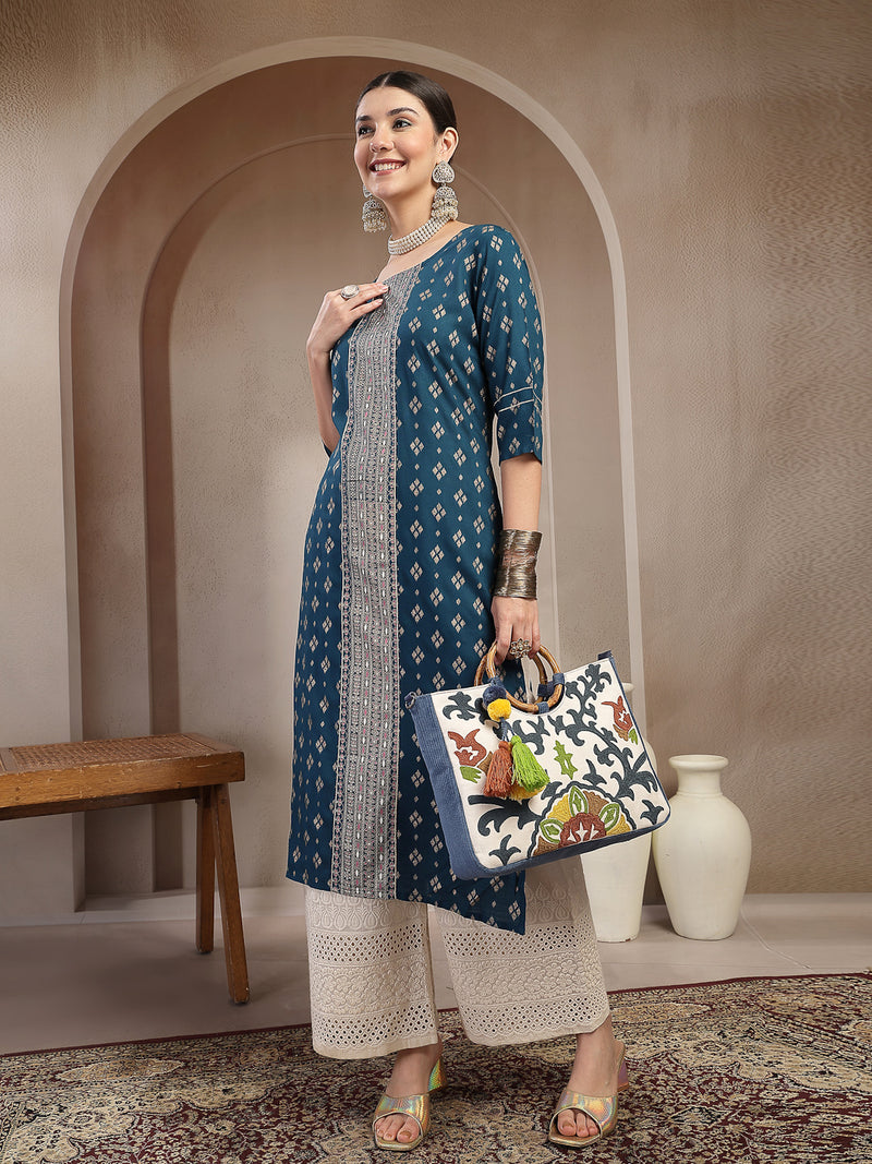 Stylum Women's Teal Solid Embroidered Rayon Straight Kurta (TEALKIMCHI)