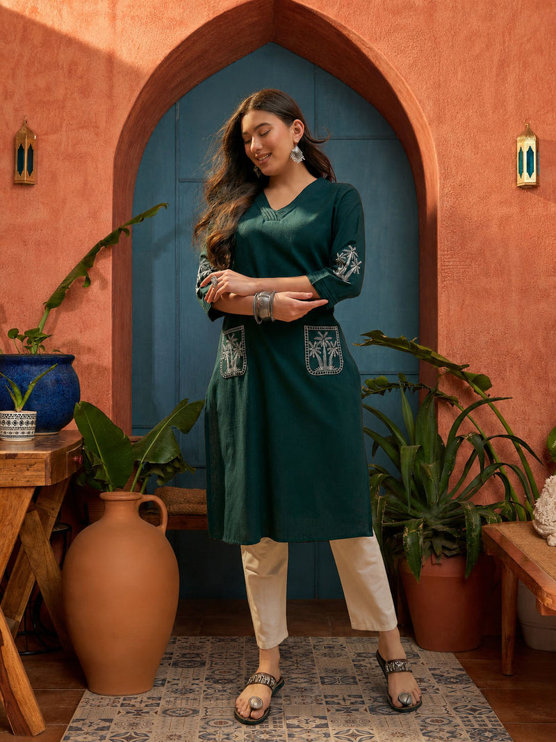 Stylum Women's Teal Solid & Embroidered Cotton Flex Straight Kurta (TEALKODI)