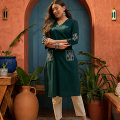 Stylum Women's Teal Solid & Embroidered Cotton Flex Straight Kurta (TEALKODI)