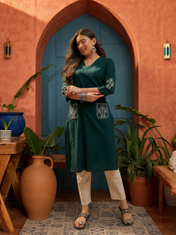 Stylum Women's Teal Solid & Embroidered Cotton Flex Straight Kurta (TEALKODI)