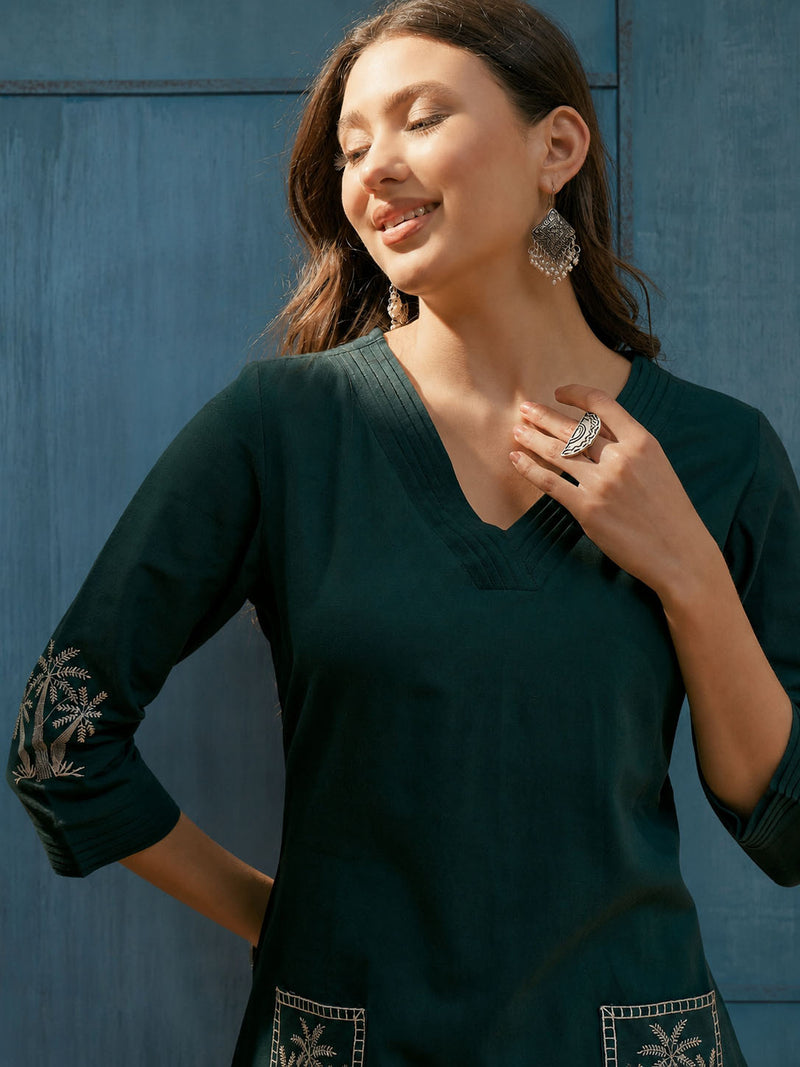 Stylum Women's Teal Solid & Embroidered Cotton Flex Straight Kurta (TEALKODI)