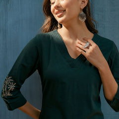 Stylum Women's Teal Solid & Embroidered Cotton Flex Straight Kurta (TEALKODI)