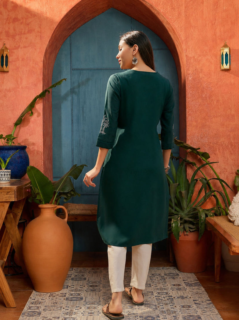 Stylum Women's Teal Solid & Embroidered Cotton Flex Straight Kurta (TEALKODI)