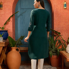 Stylum Women's Teal Solid & Embroidered Cotton Flex Straight Kurta (TEALKODI)