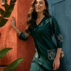 Stylum Women's Teal Solid & Embroidered Cotton Flex Straight Kurta (TEALKODI)