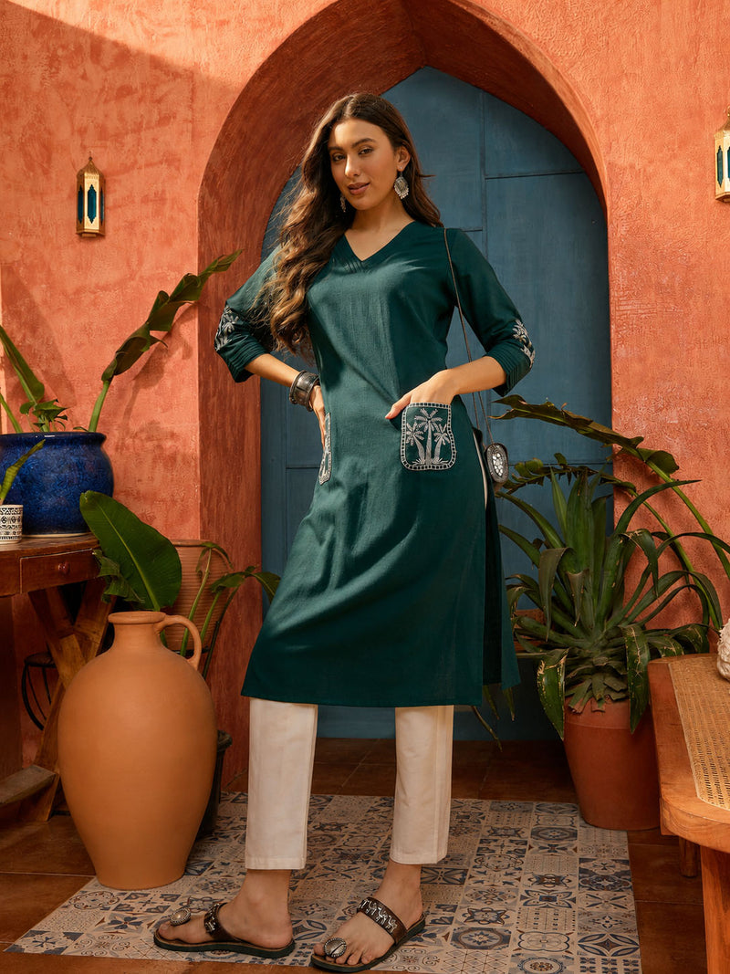Stylum Women's Teal Solid & Embroidered Cotton Flex Straight Kurta (TEALKODI)