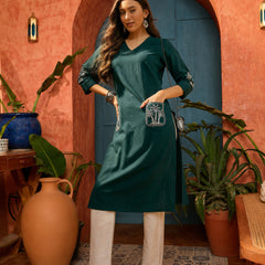 Stylum Women's Teal Solid & Embroidered Cotton Flex Straight Kurta (TEALKODI)