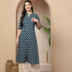 Stylum Women's Teal Ethnic Motifs Printed Rayon A-Line Kurta (TEALTHUNDER)