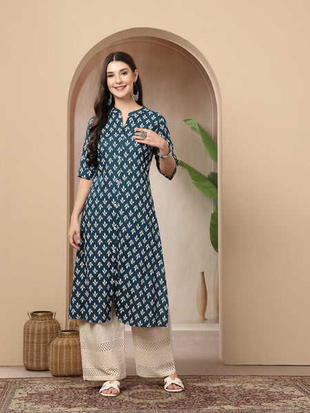 Stylum Women's Teal Ethnic Motifs Printed Rayon A-Line Kurta (TEALTHUNDER)