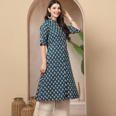 Stylum Women's Teal Ethnic Motifs Printed Rayon A-Line Kurta (TEALTHUNDER)