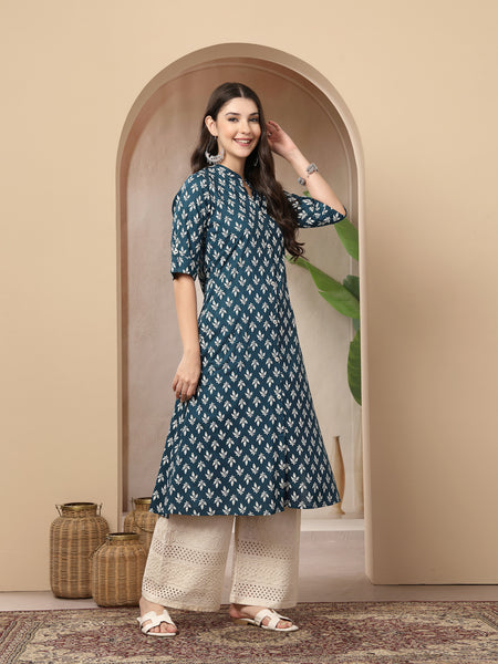 Stylum Women's Teal Ethnic Motifs Printed Rayon A-Line Kurta (TEALTHUNDER)