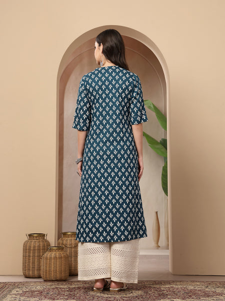 Stylum Women's Teal Ethnic Motifs Printed Rayon A-Line Kurta (TEALTHUNDER)