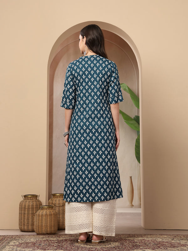 Stylum Women's Teal Ethnic Motifs Printed Rayon A-Line Kurta (TEALTHUNDER)