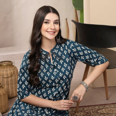 Stylum Women's Teal Ethnic Motifs Printed Rayon A-Line Kurta (TEALTHUNDER)