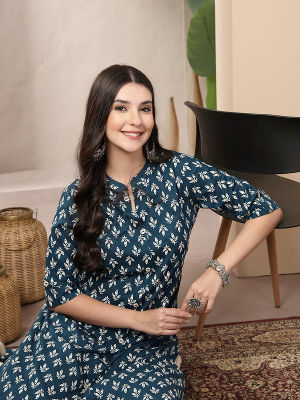 Stylum Women's Teal Ethnic Motifs Printed Rayon A-Line Kurta (TEALTHUNDER)