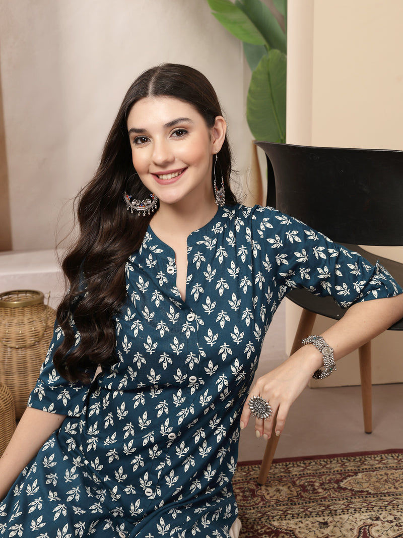 Stylum Women's Teal Ethnic Motifs Printed Rayon A-Line Kurta (TEALTHUNDER)