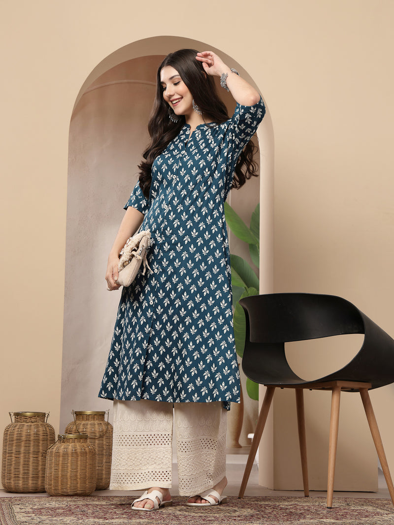 Stylum Women's Teal Ethnic Motifs Printed Rayon A-Line Kurta (TEALTHUNDER)