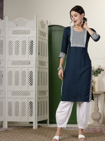 Stylum Women's Teal Solid & Embroidered Rayon Straight Kurta (TEALTYRON)