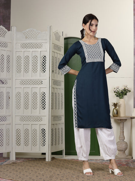 Stylum Women's Teal Solid & Embroidered Rayon Straight Kurta (TEALTYRON)