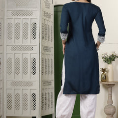 Stylum Women's Teal Solid & Embroidered Rayon Straight Kurta (TEALTYRON)