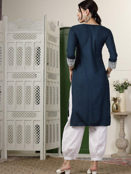Stylum Women's Teal Solid & Embroidered Rayon Straight Kurta (TEALTYRON)